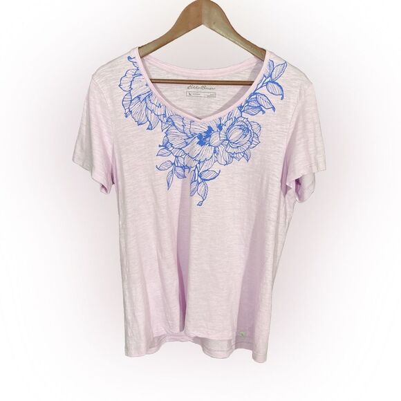 Eddie Bauer T-Shirt Women’s L Purple Lavender Floral V-Neck Casual Outdoor Tee - Picture 1 of 8